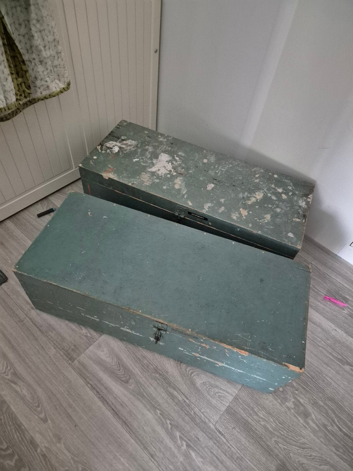 Vintage houten gereedschapskist - groen/grijsblauw, Ophalen