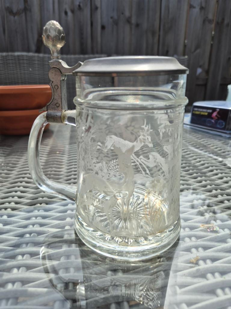 Vintage Glazen Bierpul met Hertengravure en Tin Deksel, Ophalen of Verzenden