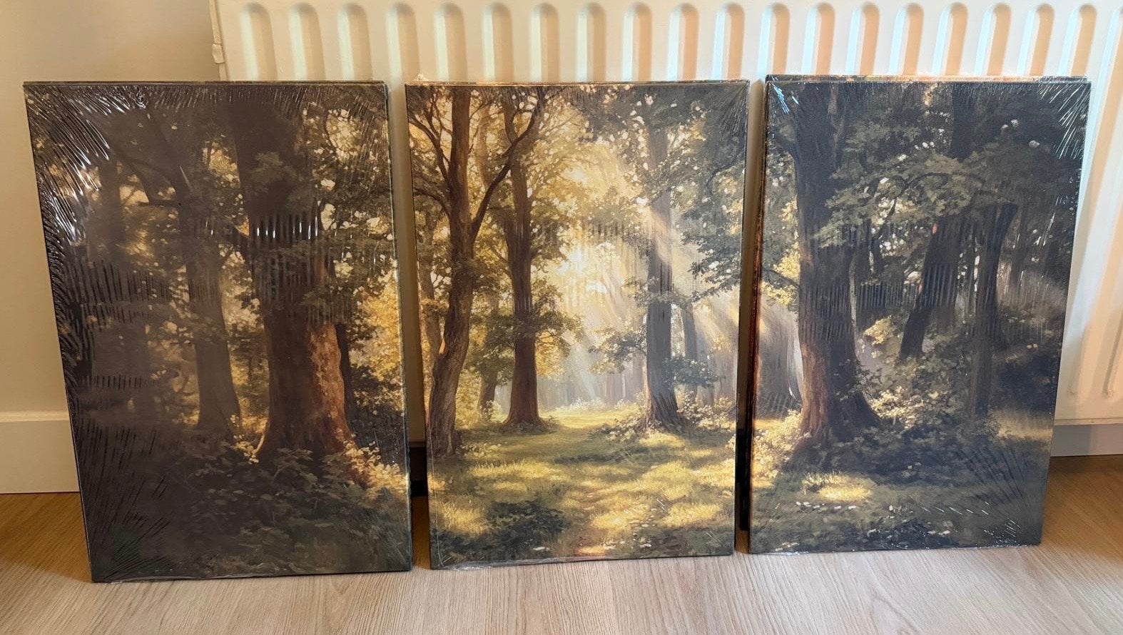 3-delig Canvas Schilderij - Bos met Zonnestralen, Antiek en Kunst, Kunst | Schilderijen | Klassiek, Doek, Realistisch, Ophalen of Verzenden