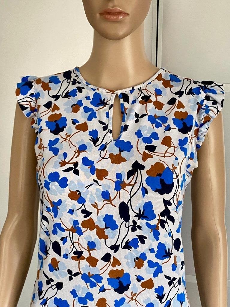 J286 Juffrouw Jansen maat S=36 top shirt blauw/wit/bruin, Blauw, Ophalen of Verzenden, Zo goed als nieuw, Korte mouw