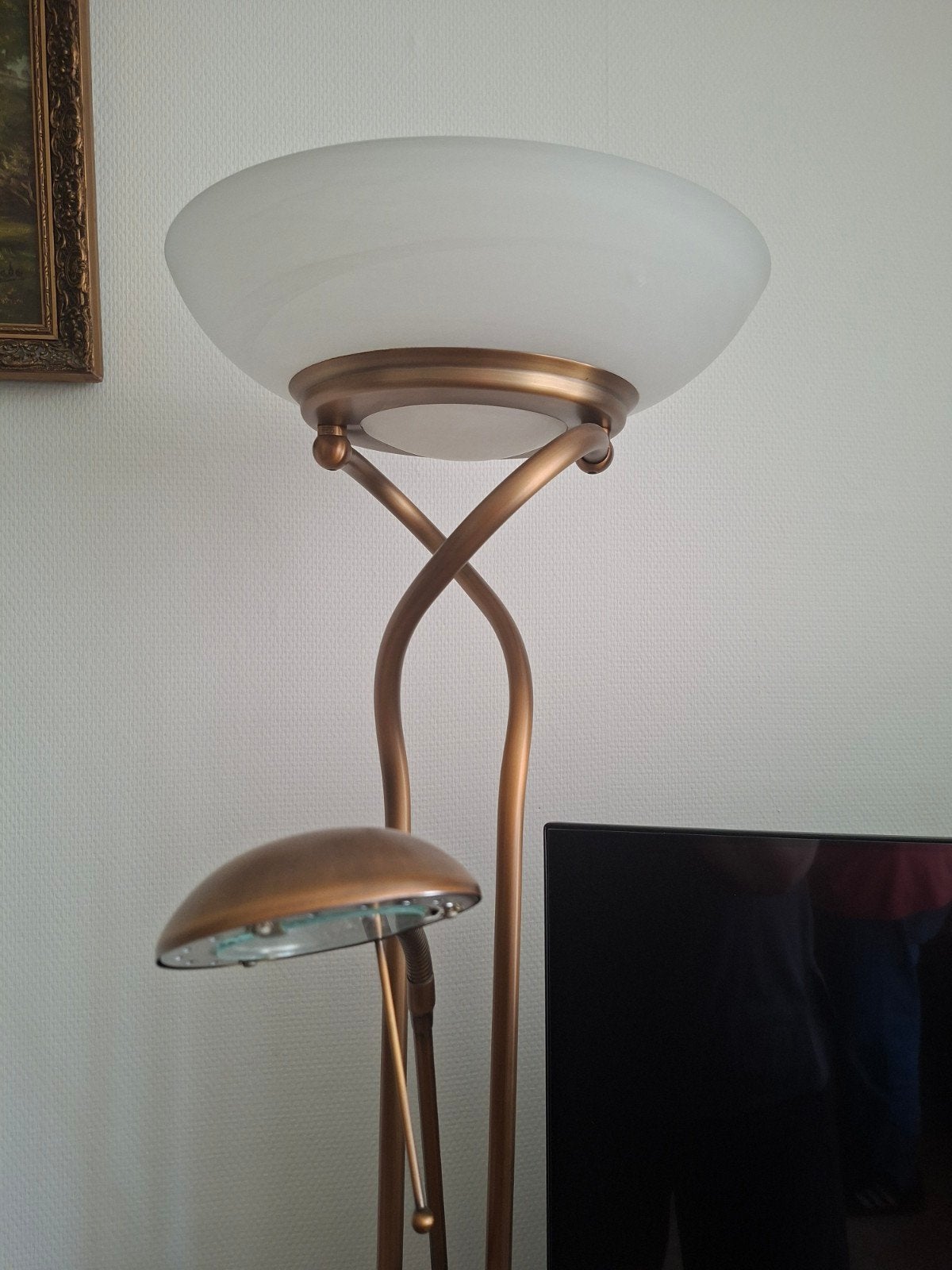 Vintage bronzen vloerlamp met leeslamp, dimbaar, Ophalen, Gebruikt, Vintage, Glas