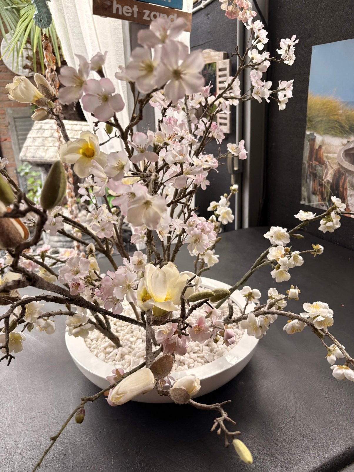 Grote schaal met bloesem n magnolia, Ophalen, Kunstbloem, Zijde, Inclusief kunstbloemen