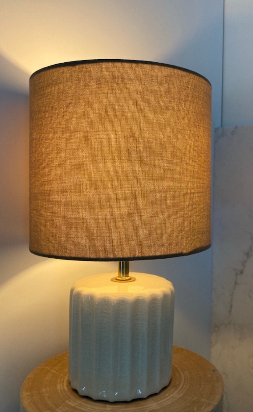 😍Linnen beige tafellamp keramiek lampenvoet geglazuurd goud, Beige, Ophalen of Verzenden, Zo goed als nieuw, Textiel