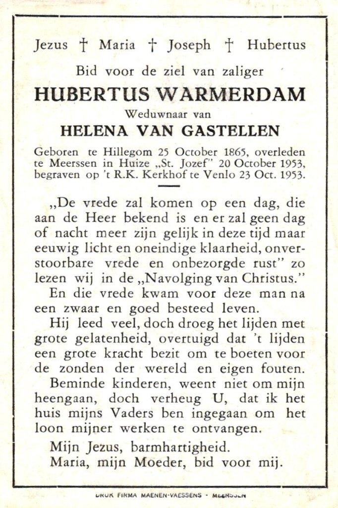 Warmerdam Hubertus Hillegom 1865-1953 Venlo, Ophalen of Verzenden