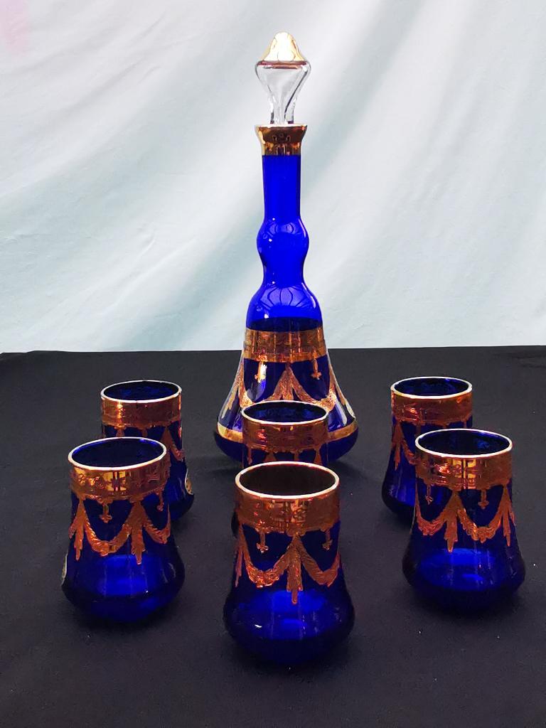 Murano Italiaanse Handgeblazen Karaf 6 glazen 24K gouden, Ophalen of Verzenden