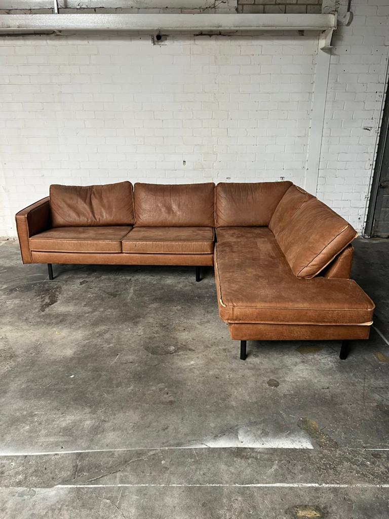 Cognac hoekbank leerlook industrieel lounge bank 270x220, 250 tot 300 cm, 75 tot 100 cm, Ophalen of Verzenden, Zo goed als nieuw