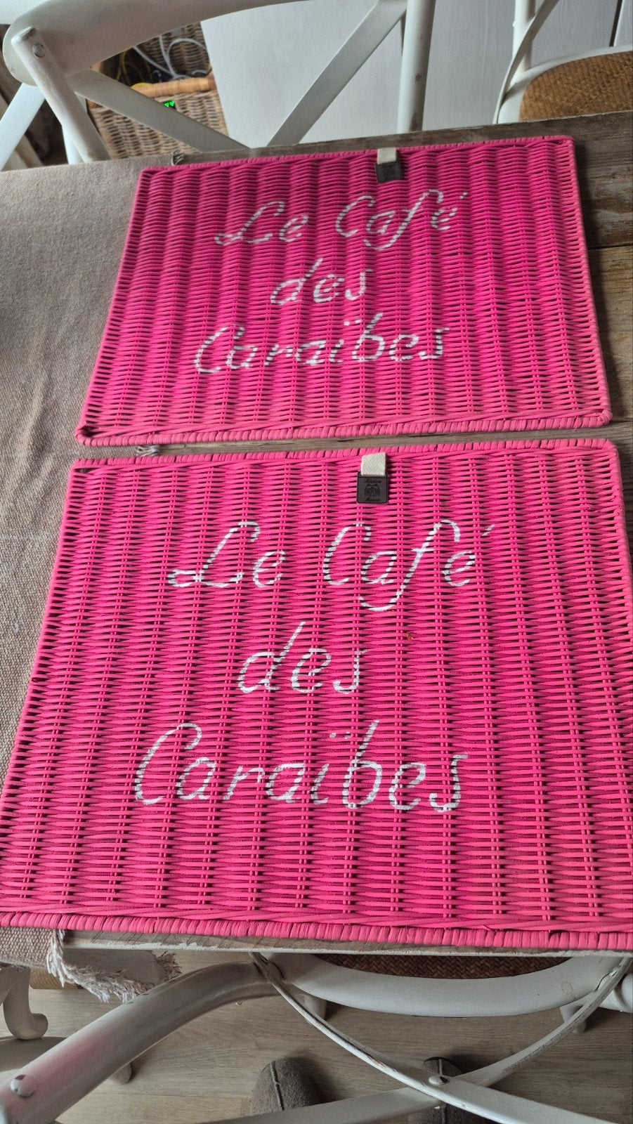 Riviera Maison placemats 'Le Cafe des Caraibes' - 2 stuks, Gebruikt, Roze, Ophalen of Verzenden, Landelijk