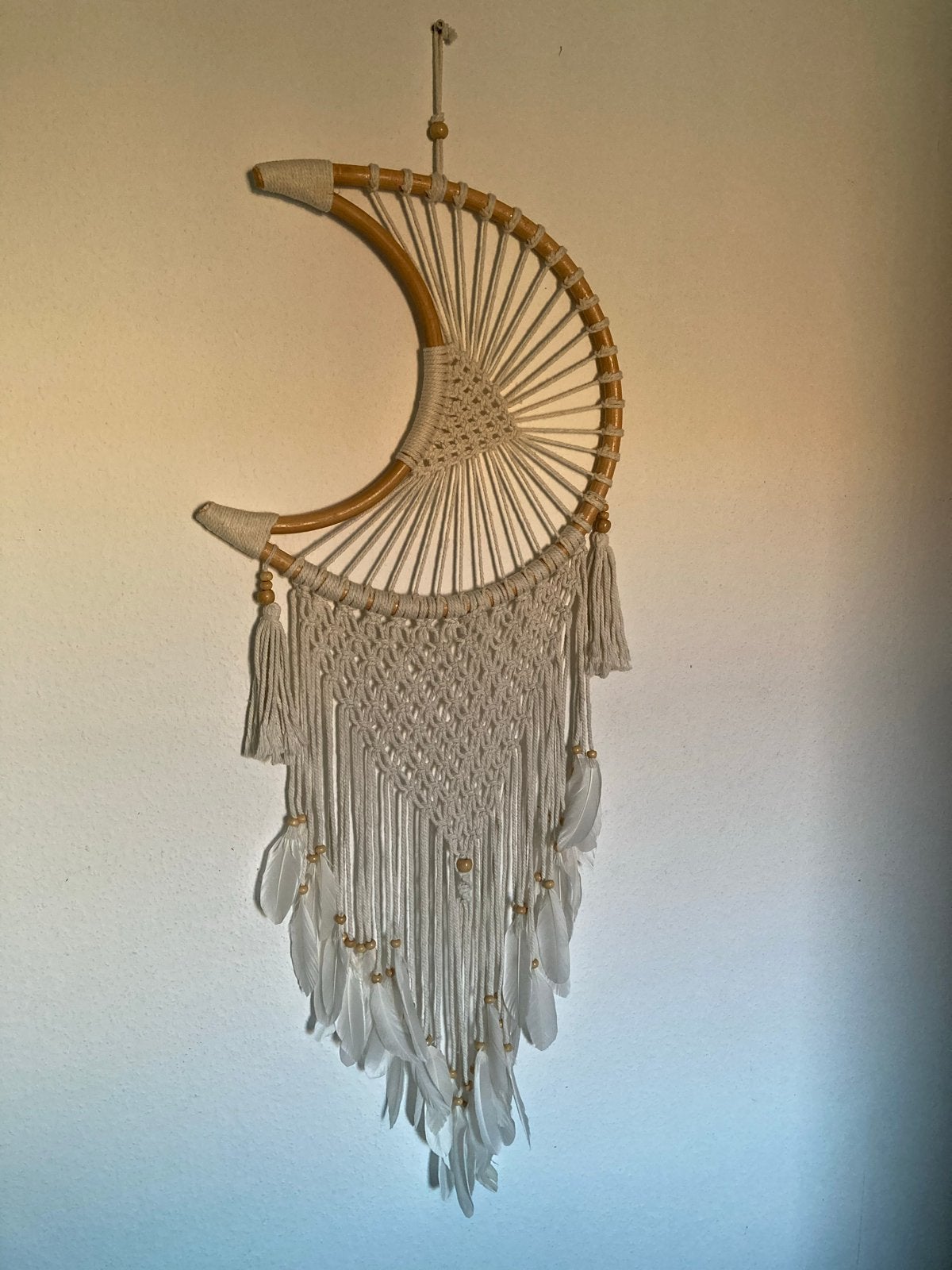 Maan Dromenvanger met Veren - Boho Decoratie, Ophalen, Hout, Beige, Boho