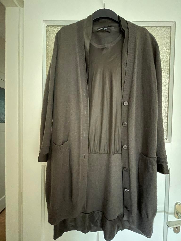 Marccain zijden/cashmere set (jurk N6 vest N5) taupe/ bruin, Maat 38/40 (M), Overige typen, Bruin, Ophalen of Verzenden