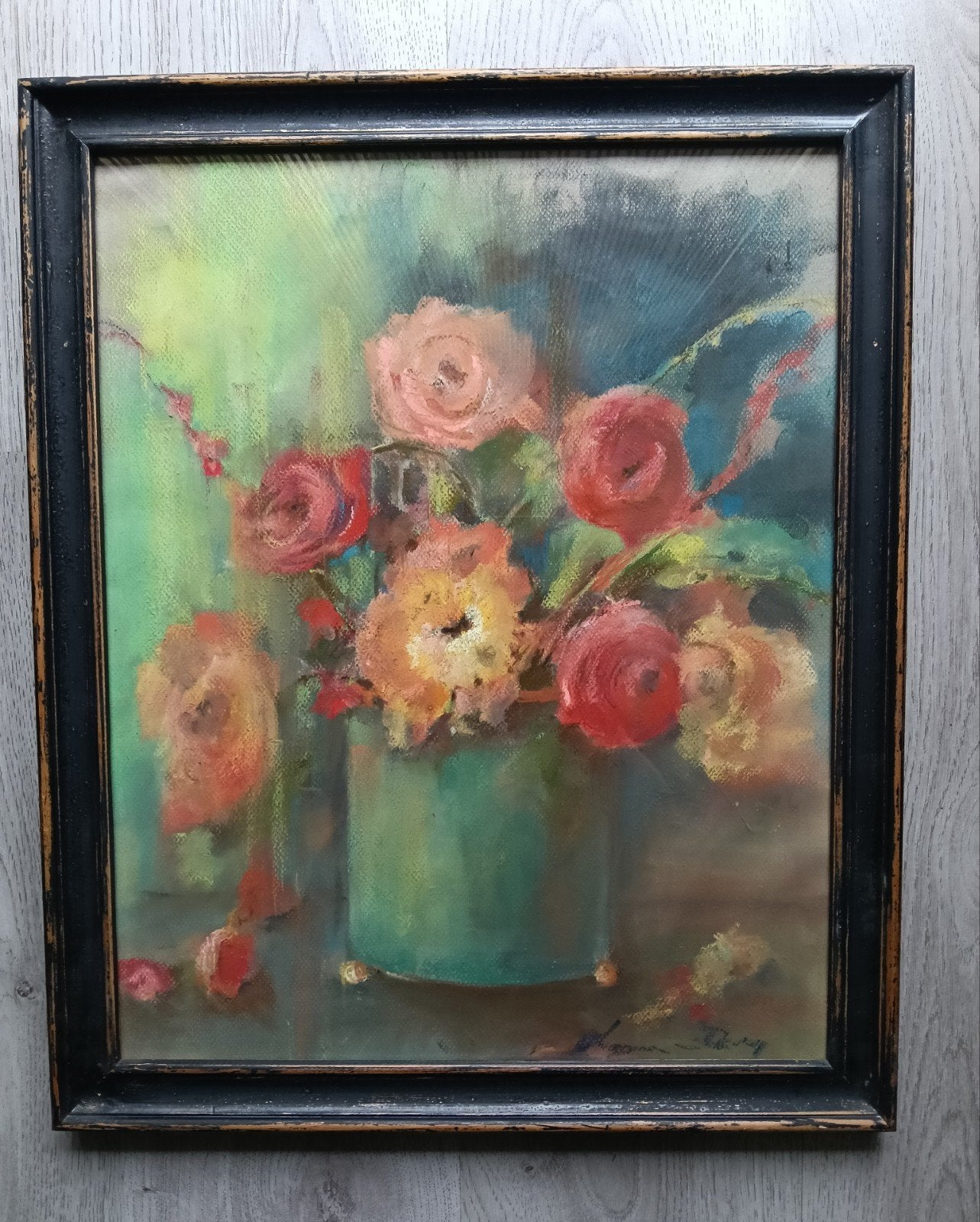 stilleven met gekleurde rozen in een vaas - gesigneerd, Ophalen of Verzenden, Impressionistisch, Pastel, Bloemen
