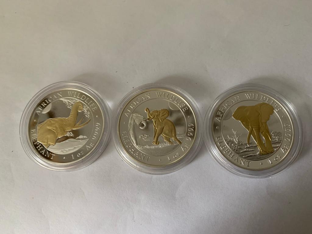 3 vergulde 1 oz zilveren somalische olifanten 2023,2024,2025, Postzegels en Munten, Munten | Afrika, Ophalen of Verzenden, Overige landen