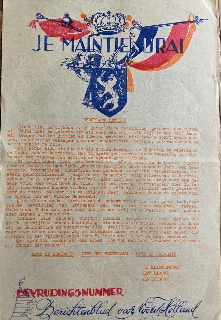 Bevrijdingskrant 1945 Orgineel Berichten voor Noord Holland, Ophalen of Verzenden, 1940 tot 1960