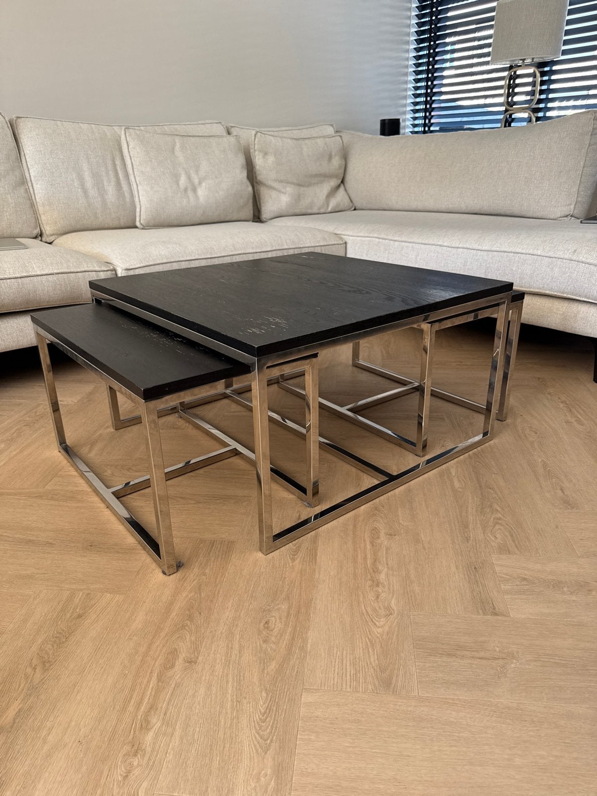 Riviera Maison salon tafel met 2 bijzettafels, Ophalen, Gebruikt, Vierkant, 50 tot 100 cm