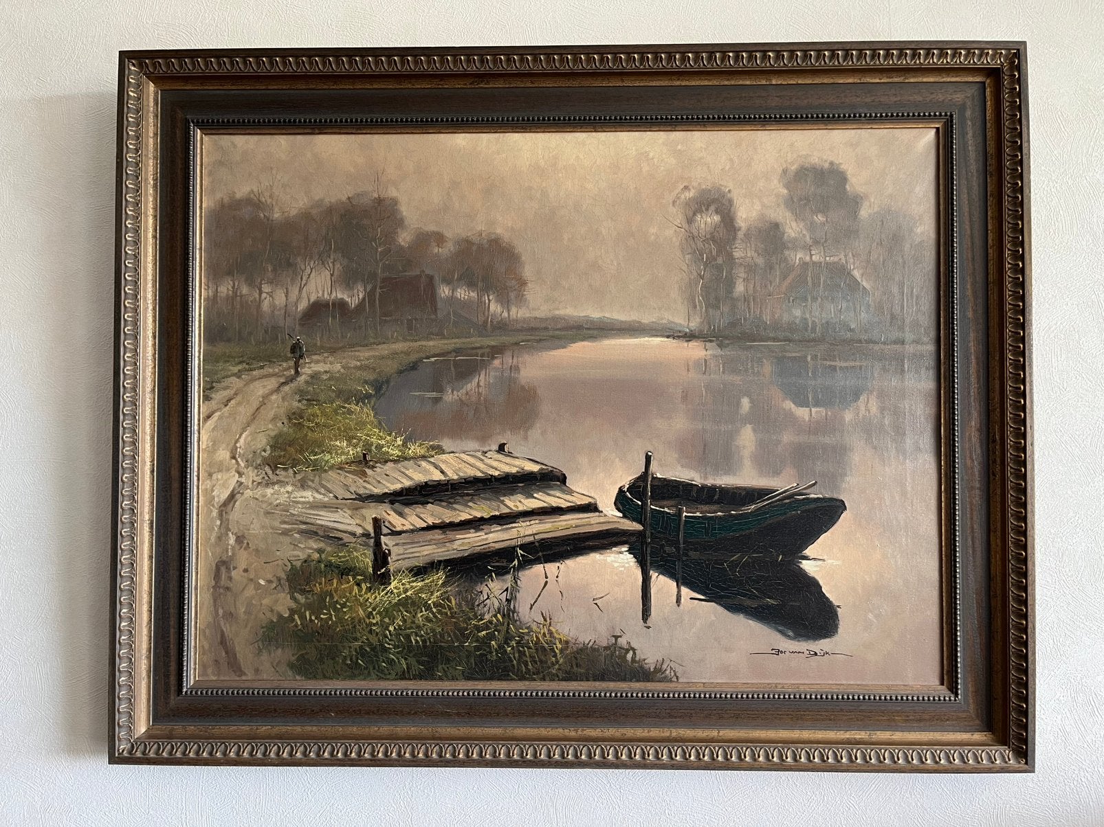 Olieverfschilderij rivier met bootje, Ophalen, Nederlandse school, Doek, Ingelijst