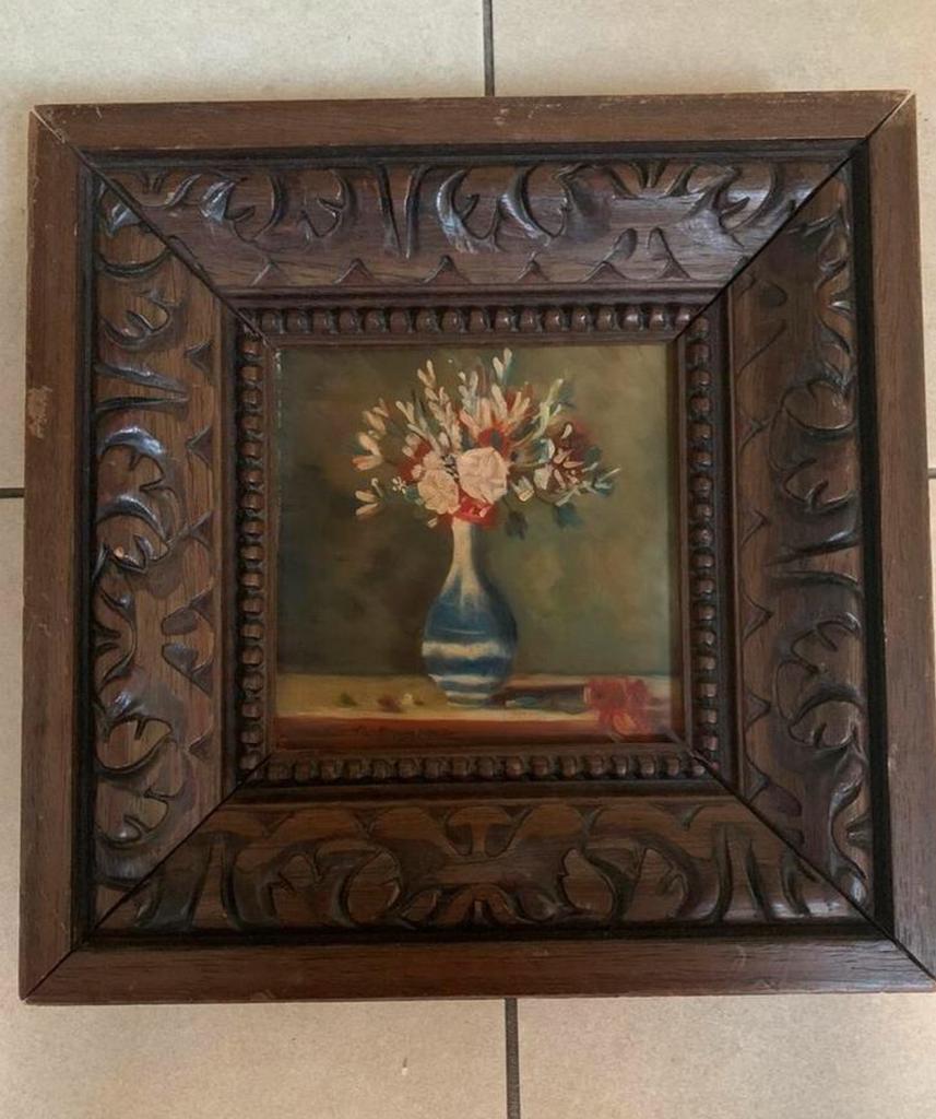 Mooi vintage bloemen schilderij  met houten bewerkte lijst, Antiek en Kunst, Ophalen of Verzenden