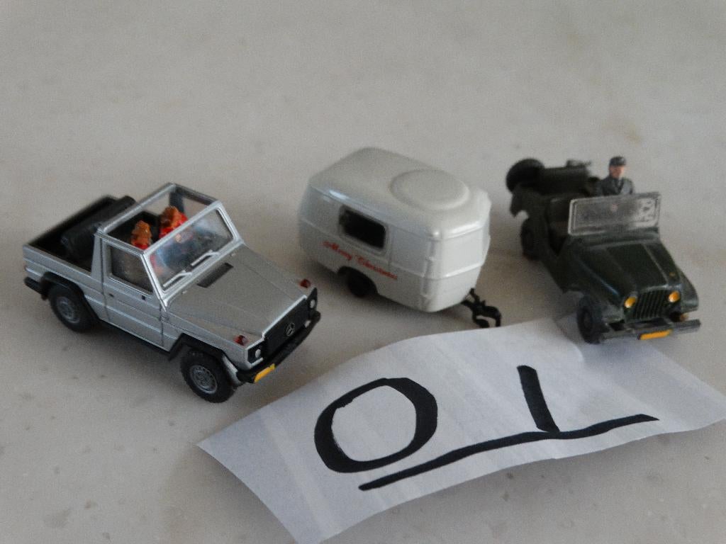 HO: set O-1: 2 JEEPS EN 1 CARAVAN.VAKANTIE SET!!!!!, Overige merken, Gelijkstroom of Wisselstroom, Brug, Tunnel of Gebouw, Ophalen of Verzenden