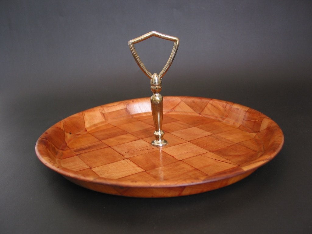 vintage dienblad geweven geperst hout greep mid century, Gebruikt, Rond, Ophalen of Verzenden, Dienblad