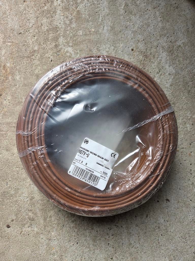 100 meter VD draad 6mm2 bruin H07V-U, Ophalen of Verzenden, Nieuw, Kabel of Snoer