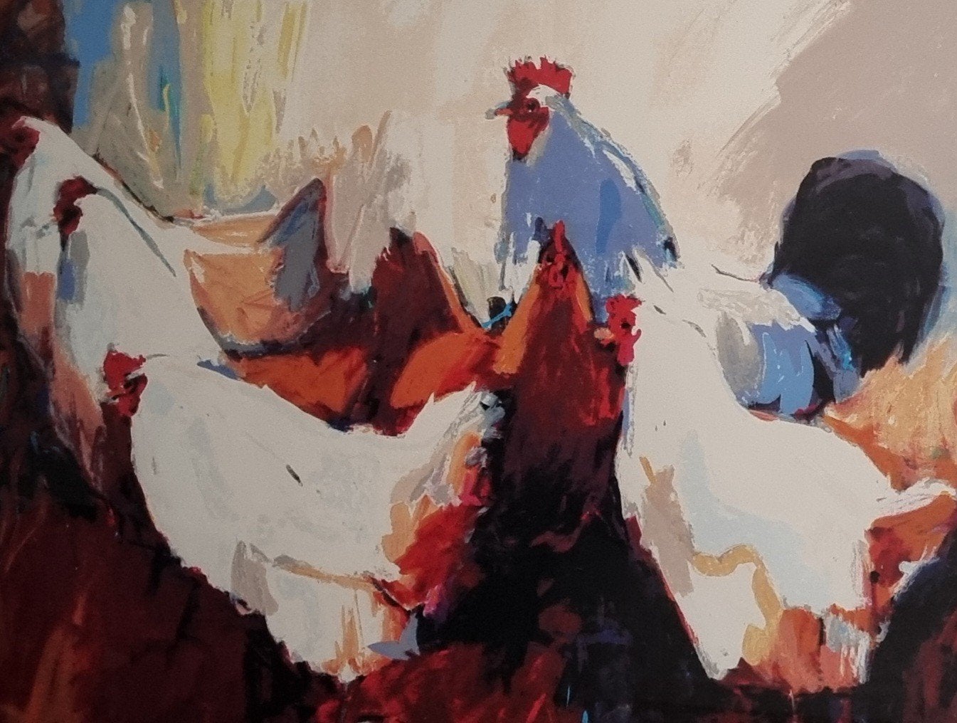 Zeefdruk; Kippen, kunstschilder Gerda Elfering, Ophalen