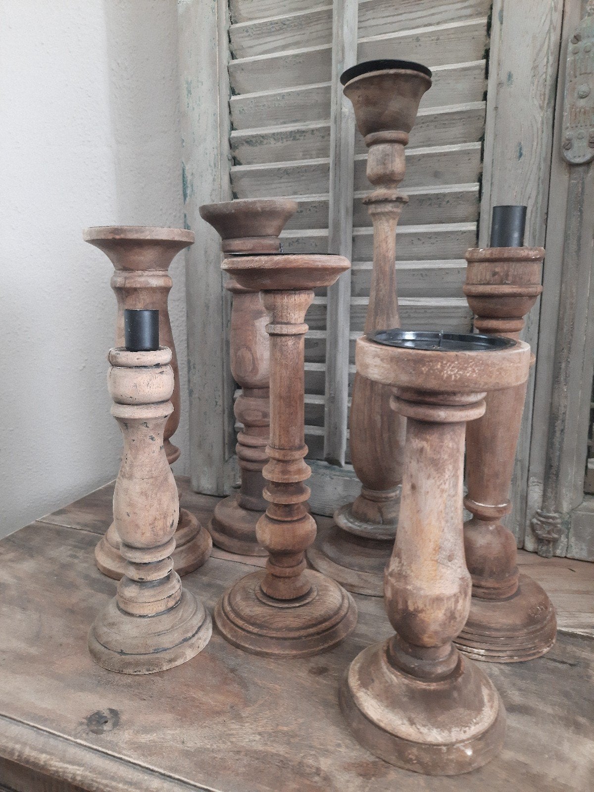 7 houten kandelaars kandelaar stoer sober landelijk, Ophalen, Gebruikt, Hout, Kandelaar