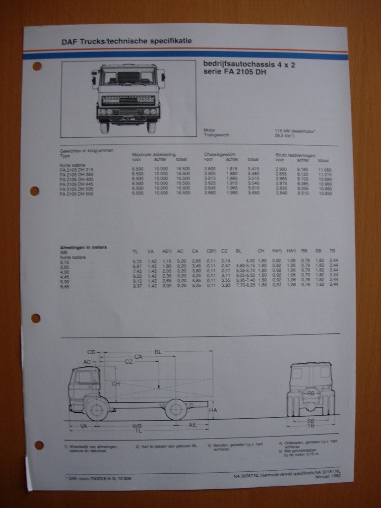 DAF FA 2100 DH Technische Specificatie Folder 1982 – 4x2, Ophalen of Verzenden, Zo goed als nieuw, Overige merken, DAF
