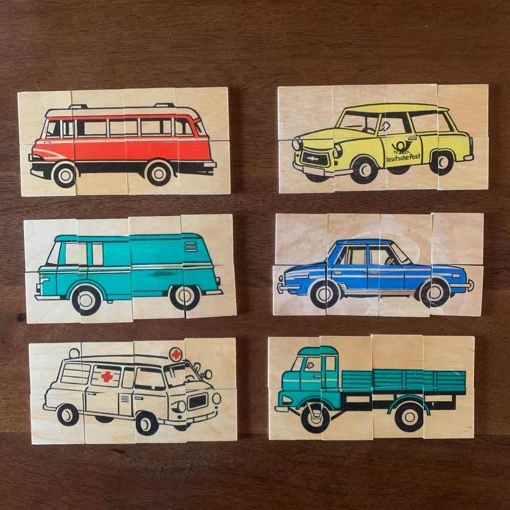 Vero houten puzzeltjes DDR 6 voertuigen 1960, Verzamelen, Ophalen of Verzenden, Zo goed als nieuw