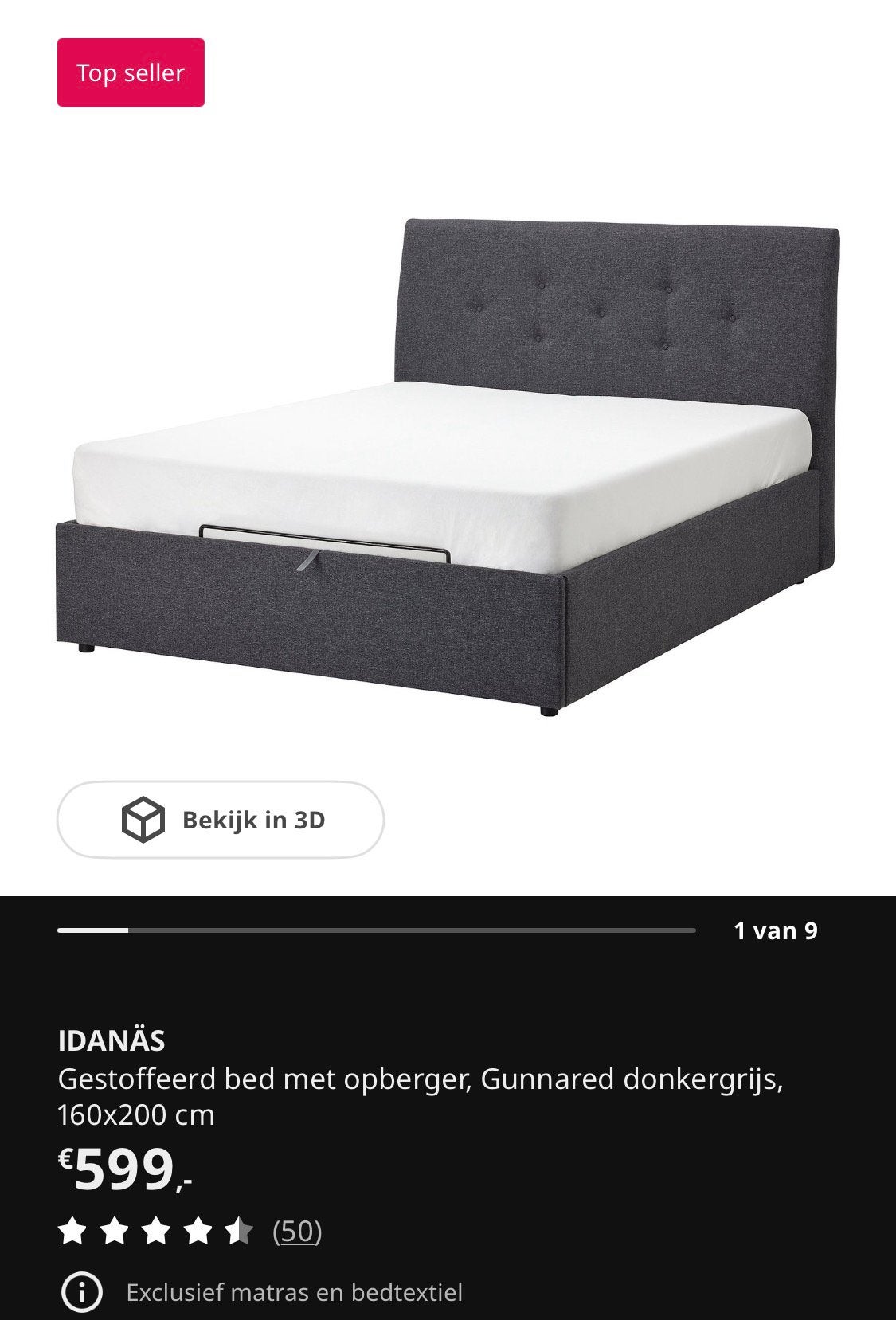 Gestoffeerd bed met opberger 160x200, Ophalen, Tweepersoons, Zo goed als nieuw, 200 cm