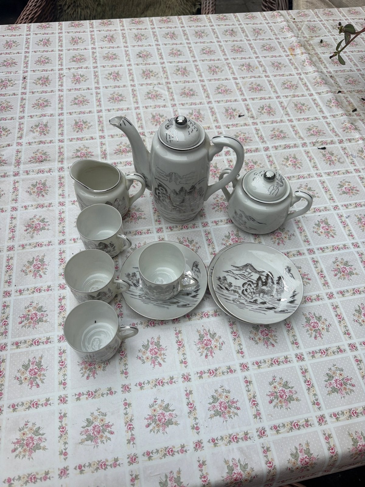 Vintage Japans theeservies met zilveren decoratie, Antiek en Kunst, Ophalen of Verzenden