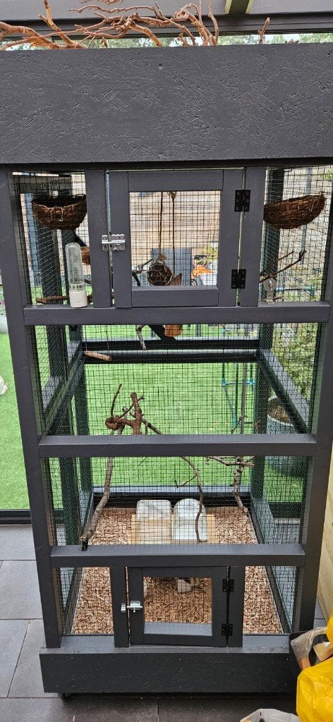 Luxe Zelfbouw Kamervolière op Wielen + Kanariefamilie, Ophalen, Zo goed als nieuw, Hout, Vogelkooi