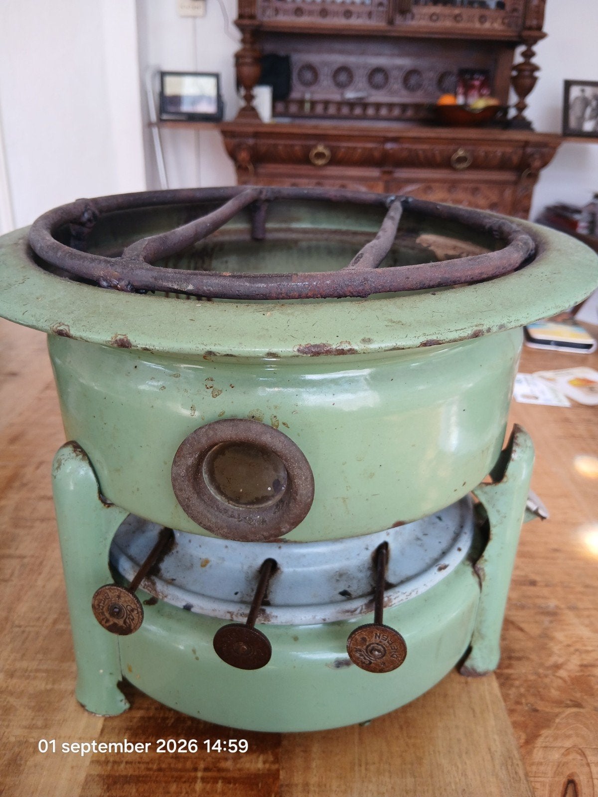 Vintage Petroleum Brander - Groen geëmailleerd, Antiek en Kunst, Ophalen of Verzenden