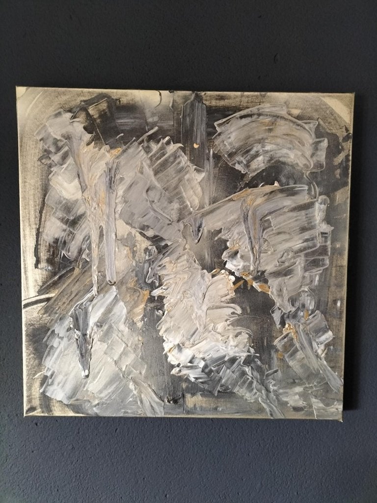 Acryl Schilderij, 50x50 cm  Goud, wit en zwart, Antiek en Kunst, Ophalen, Abstract, Gelakt/vernis, Gemengde techniek