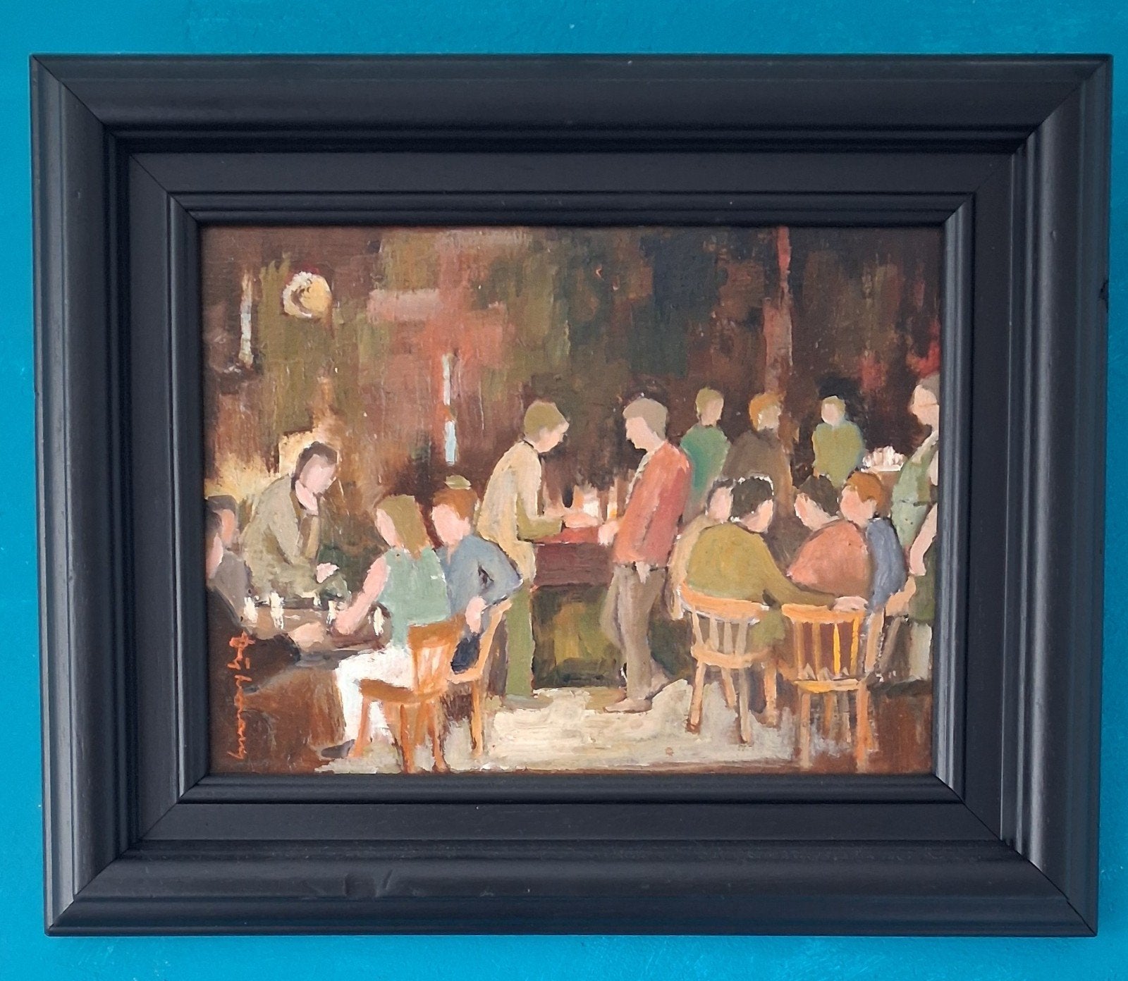 Café scène stamkroeg. Olie/paneel. 33/27 cm. * Zie tekst., Ophalen, Paneel, Impressionistisch, Gesigneerd
