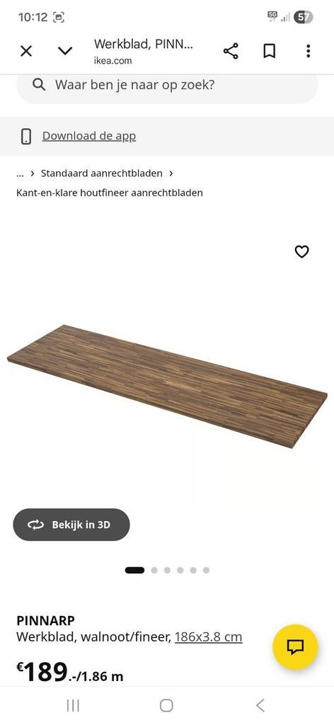 Pinnarp werkblad walnoot/fineer, Minder dan 25 mm, Eiken, Nieuw, Ophalen of Verzenden