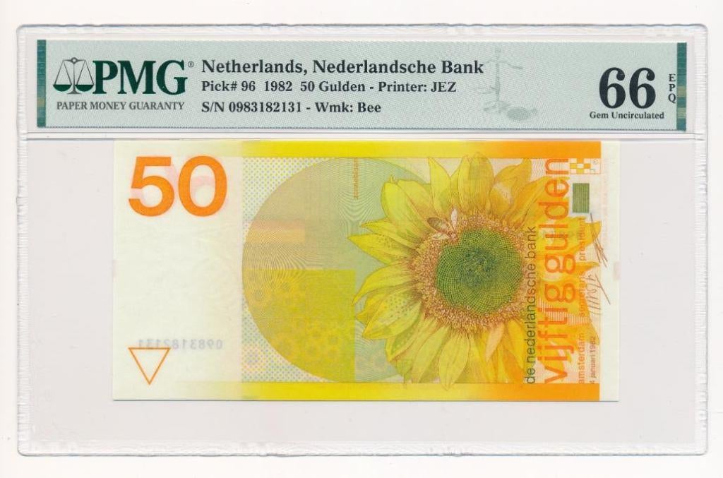 Nederland 50 Gulden 1982 Zonnebloem PMG 66 EPQ, Ophalen of Verzenden, 50 gulden, Los biljet