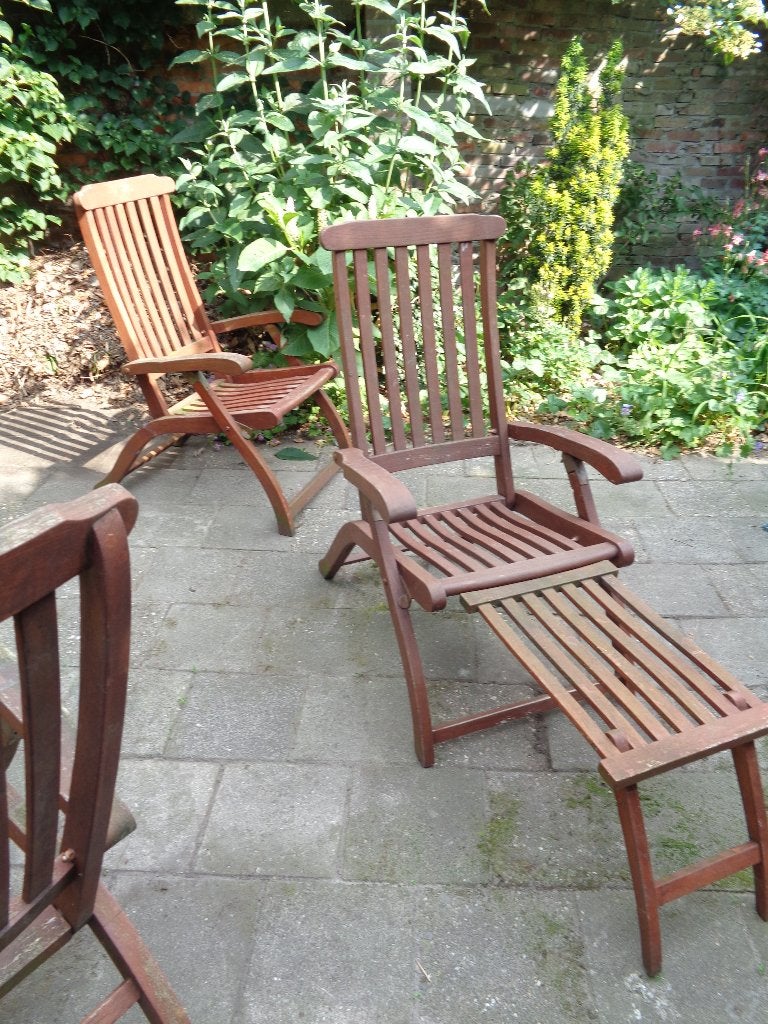 4 teak steamliner deckchairs tuinstoelen, Ophalen, Gebruikt, Teakhout, Verstelbaar