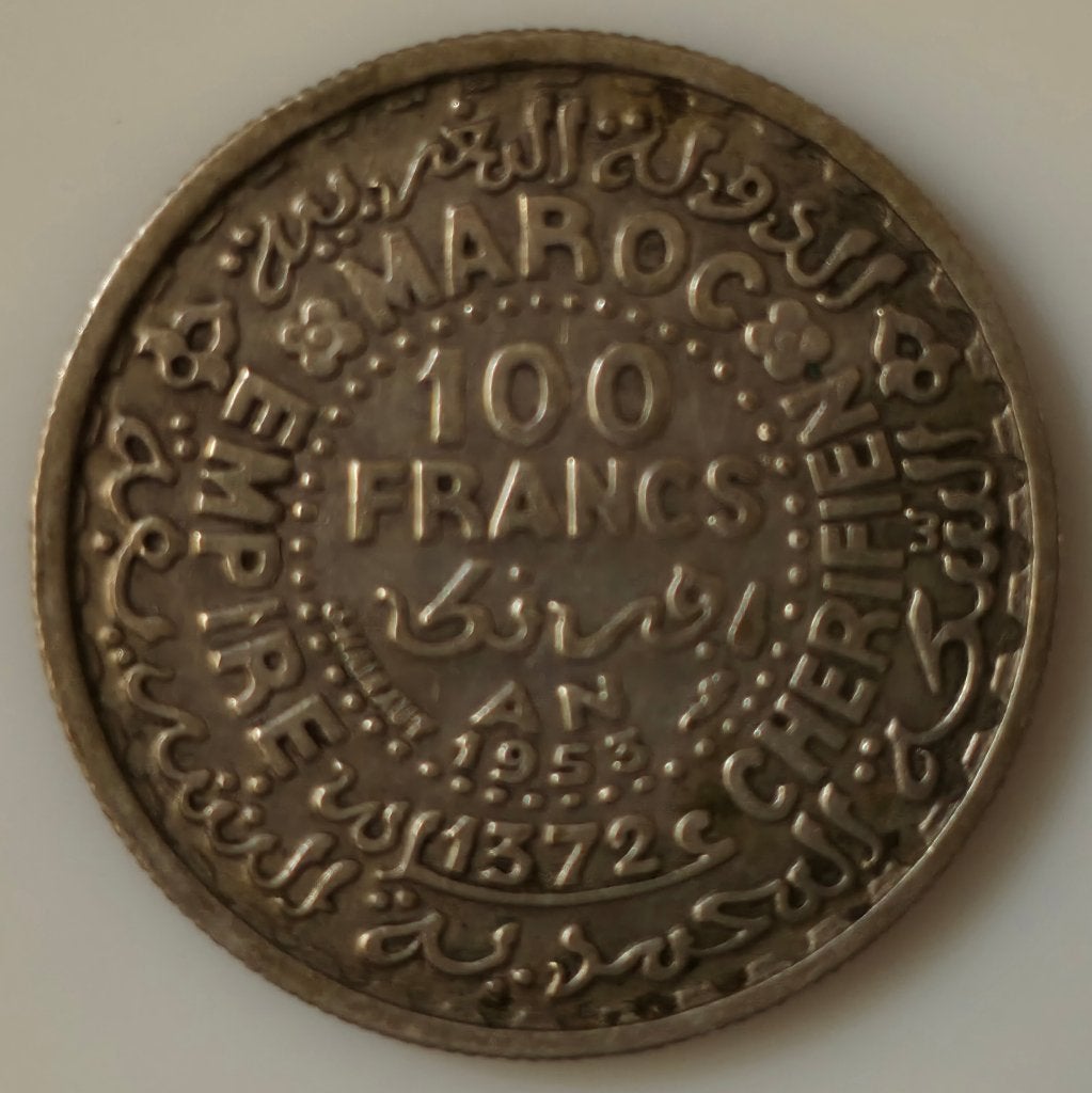 Zilveren Marokko 100 Francs 1372 1953 Empire Cherifien Maroc, Ophalen of Verzenden, Overige landen, Losse munt, Zilver