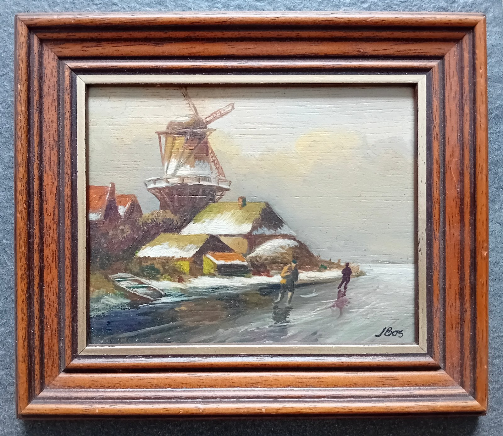 Ijsgezicht olieverf op paneel j. Bos, Ophalen of Verzenden, Olieverf, Landschap, Paneel
