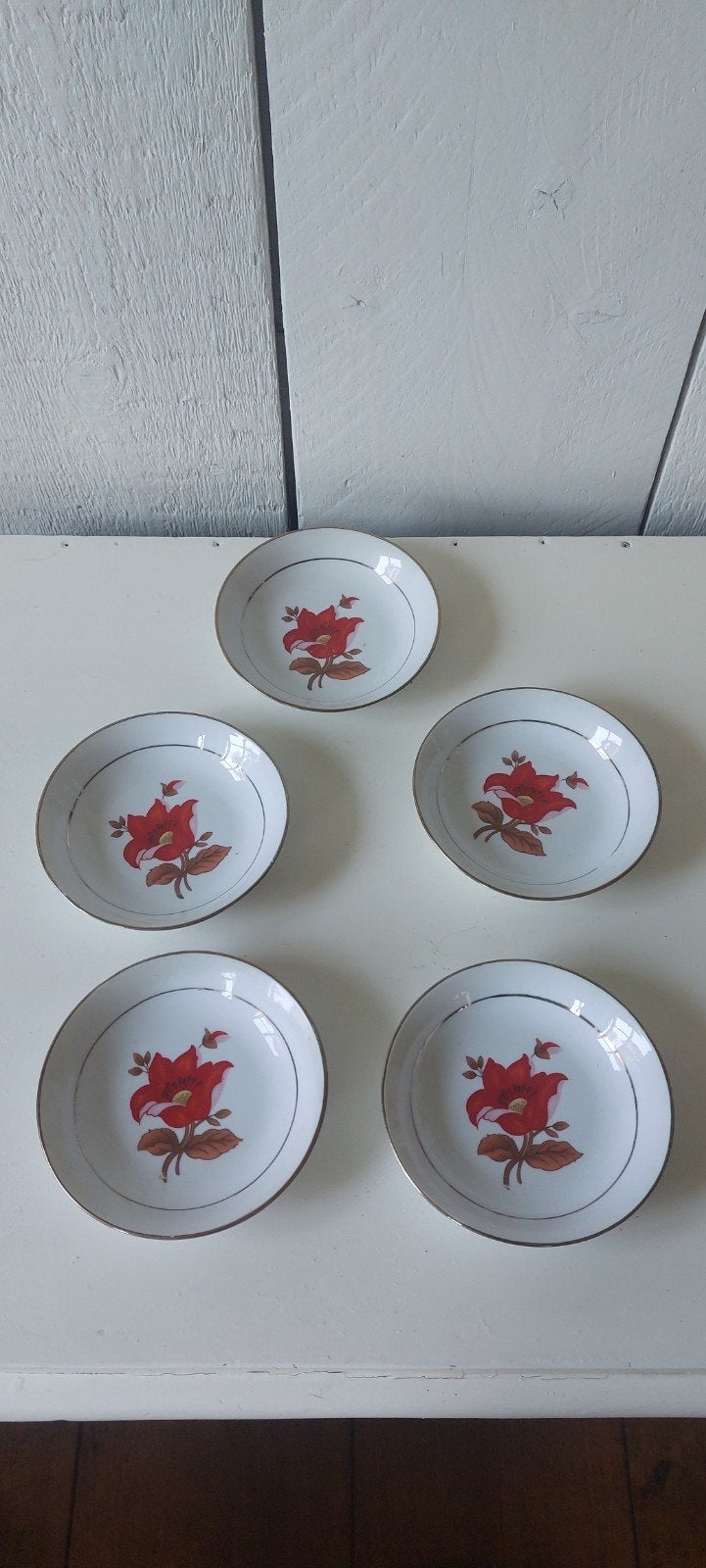 5 vintage diepe minischoteltjes bloem goudkleurig randje, Ophalen of Verzenden, Porselein, Overige stijlen