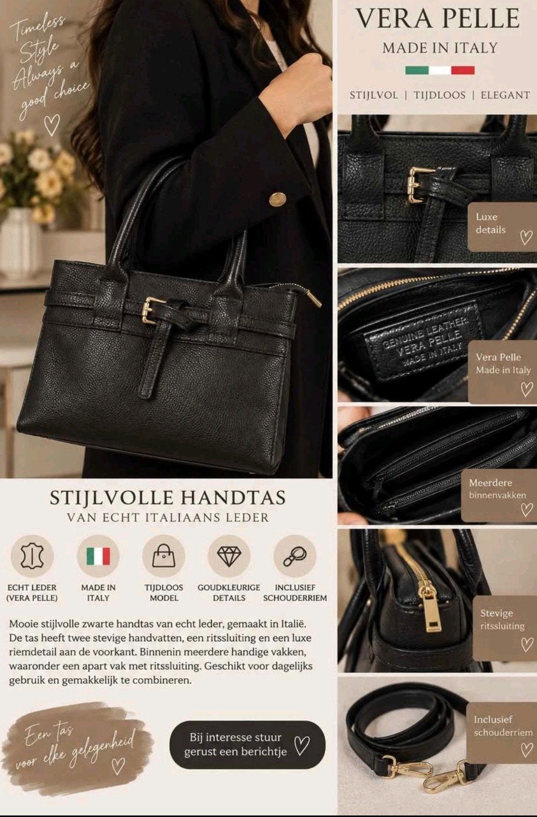 Zwarte Leren Handtas - Vera Pelle - Made in Italy, Ophalen of Verzenden, Zo goed als nieuw, Zwart, Handtas