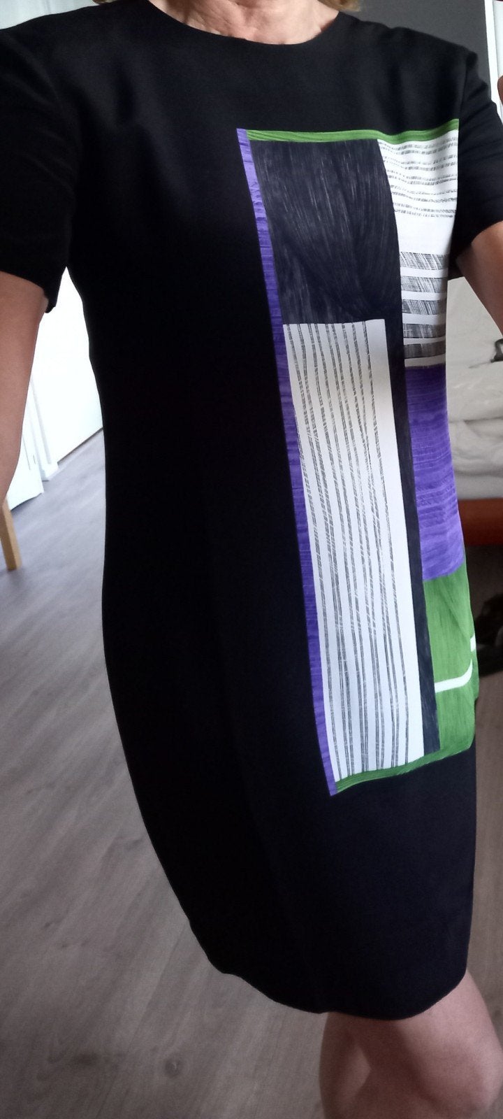 Zijden Liz Claiborne jurkje met grafische print  maat 38, Ophalen of Verzenden, Zo goed als nieuw, Maat 38/40 (M), Knielengte