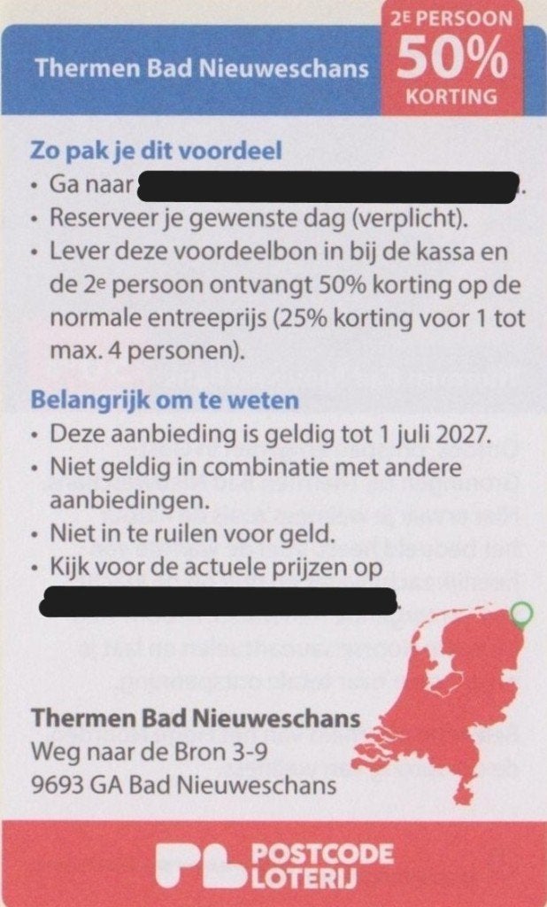 Thermen Bad Nieuweschans 2e persoon 50% korting Postcode bon, Tickets en Kaartjes, Kortingen en Cadeaubonnen, Twee personen, Kortingsbon