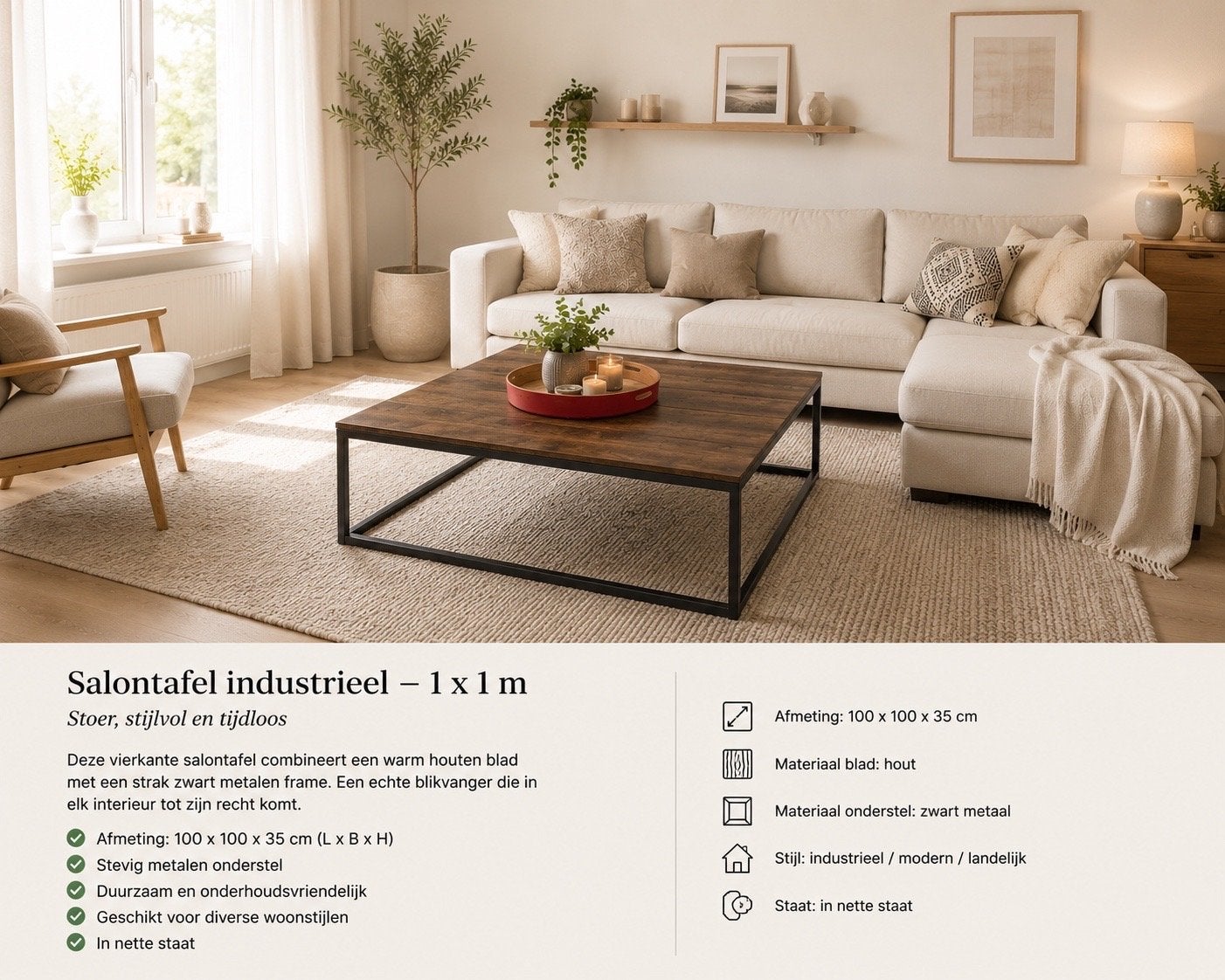 Salontafel industrieel - 1x1m - Stoer, stijlvol en tijdloos, Huis en Inrichting, Tafels | Salontafels, Gebruikt, Minder dan 50 cm