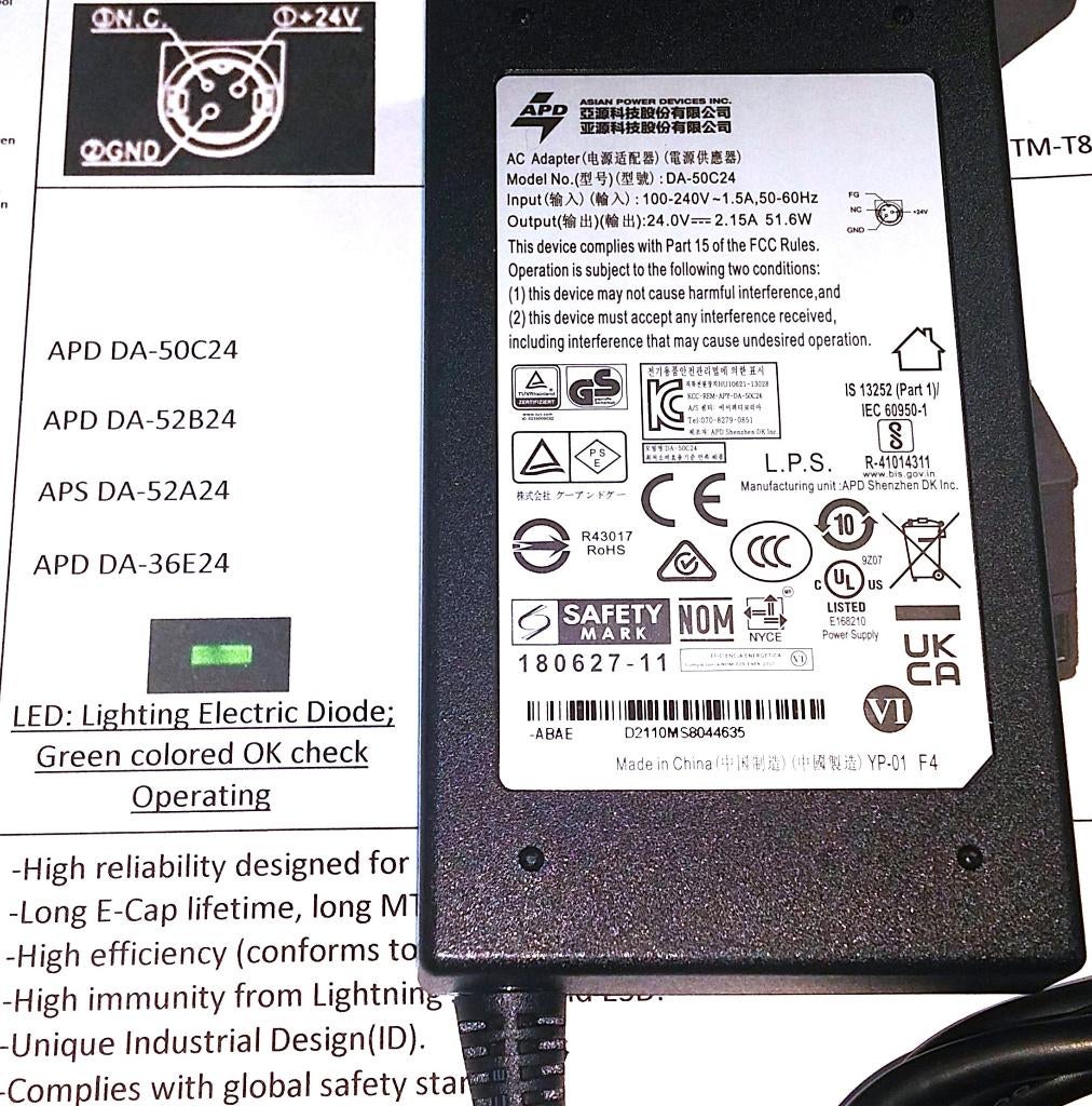 Asian Power Devices ADP 24V 2.1A 52W Adapter Kassabonprinter, Ophalen of Verzenden, Zo goed als nieuw, Overige typen, APD Asian Power Devices