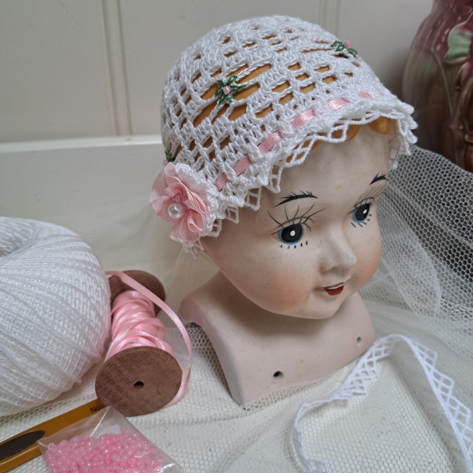 Brocante Hand gehaakt Katoen Poppen muts NIEUW, Ophalen of Verzenden