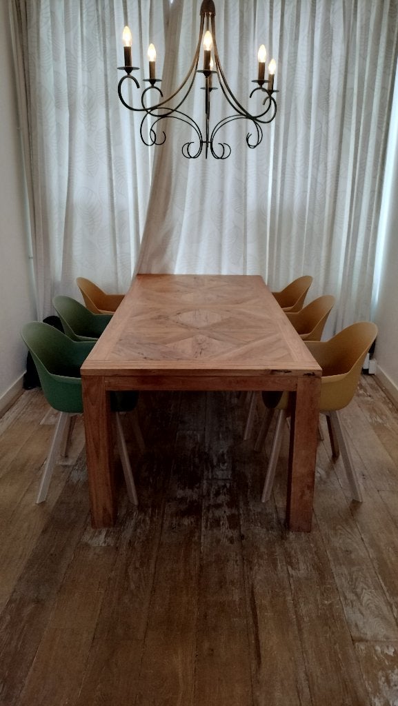 Kamang eettafel 220x100 mozaik teak naturel, Ophalen, Mooie en robuuste eettafel van onbewerkt hout, Gebruikt, 100 tot 150 cm