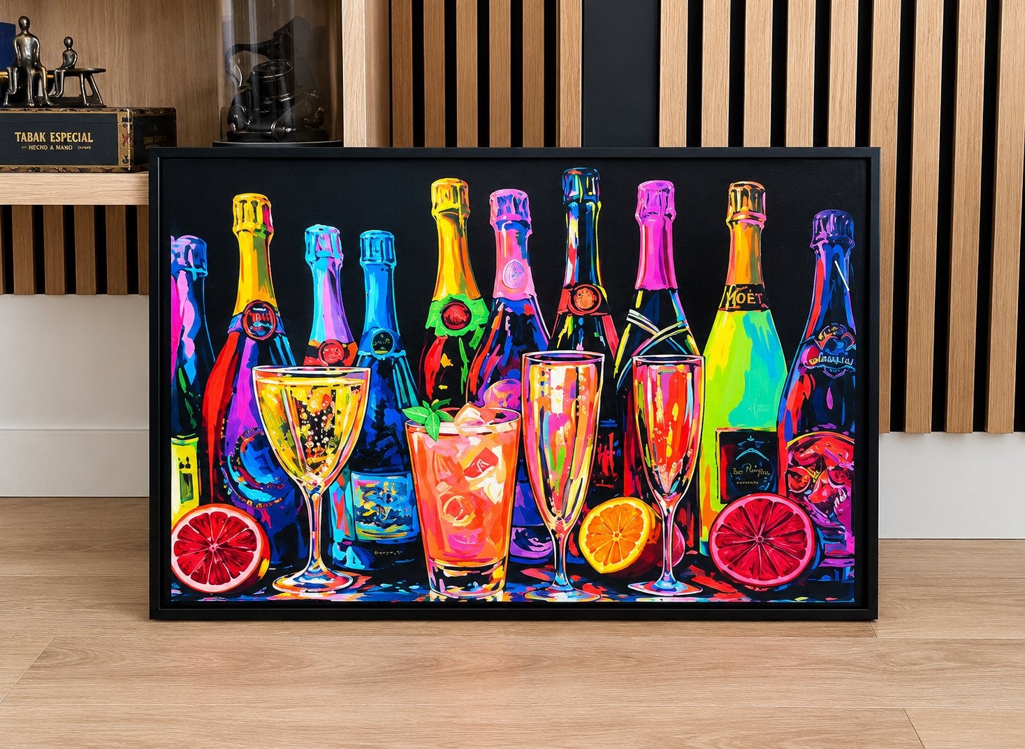 Kleurrijk Champagne en Cocktail Schilderij, Antiek en Kunst, Acrylverf, Handgeschilderd, Ophalen of Verzenden, Hout