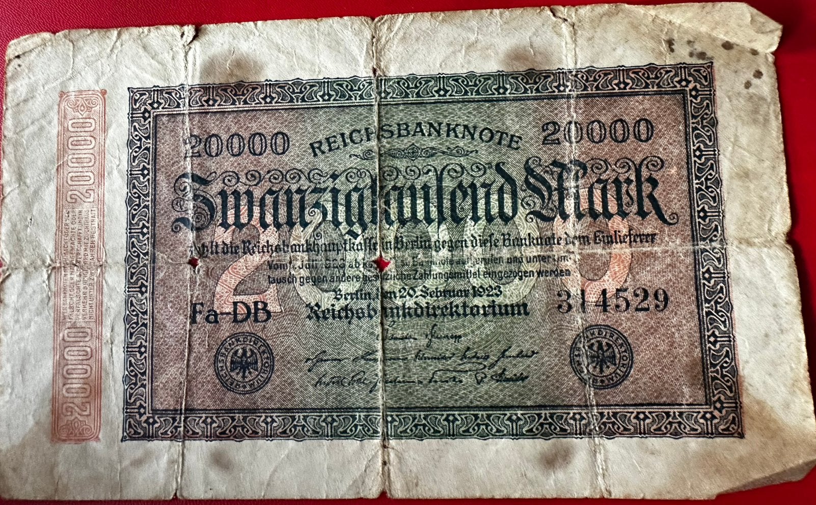 Duits bankbiljet van 20.000 Mark - 1923, Postzegels en Munten, Ophalen of Verzenden, Duitsland