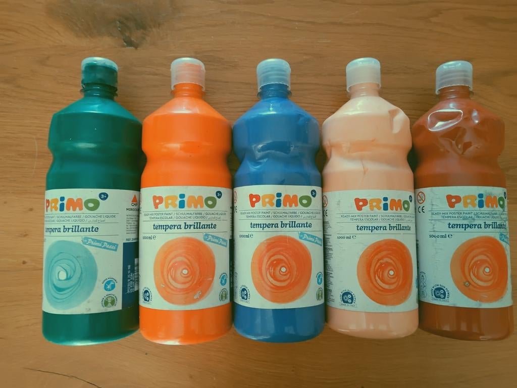 Plakkaatverf Primo Tempera 5 flessen van 1000 mL, Ophalen of Verzenden, Zo goed als nieuw, Waterverf