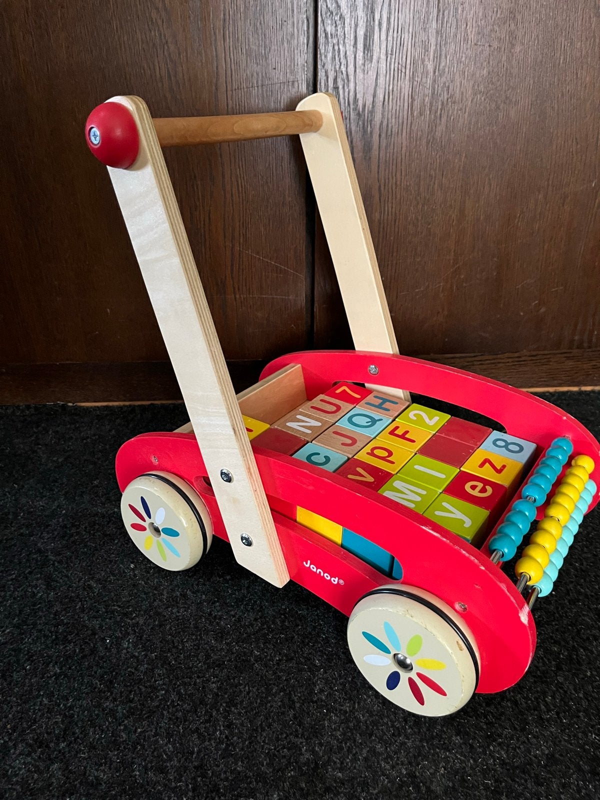 Janod Houten Loopkar met Blokken en Telraam, Ophalen of Verzenden, Gebruikt, Overige typen, Met wieltjes