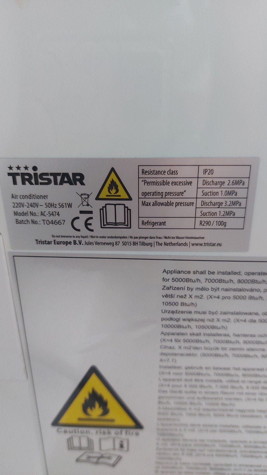 Tristar mobiele airco AC 5474, Ophalen, Minder dan 60 m³, 3 snelheden of meer, Zo goed als nieuw